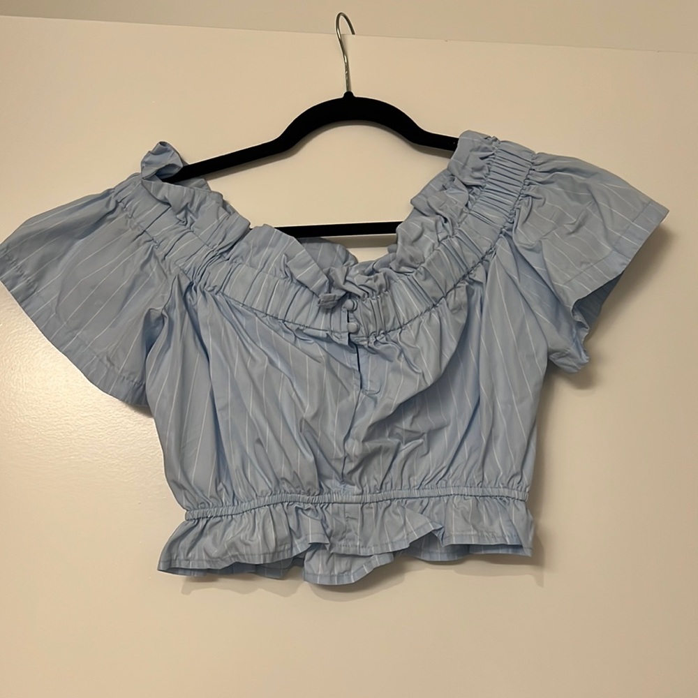 Light Blue Off the Shoulder Crop Top White Stripes